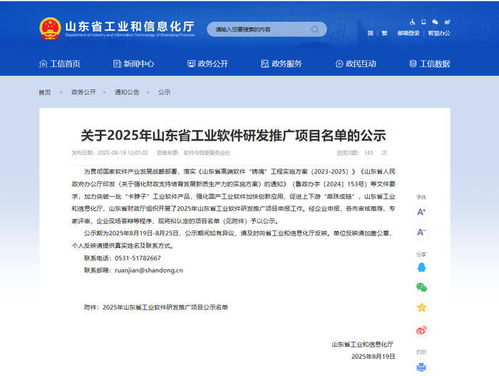 2025年山東省工業軟件研發推廣項目名單公示